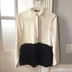 Zara cream and black color block silky blouse XS